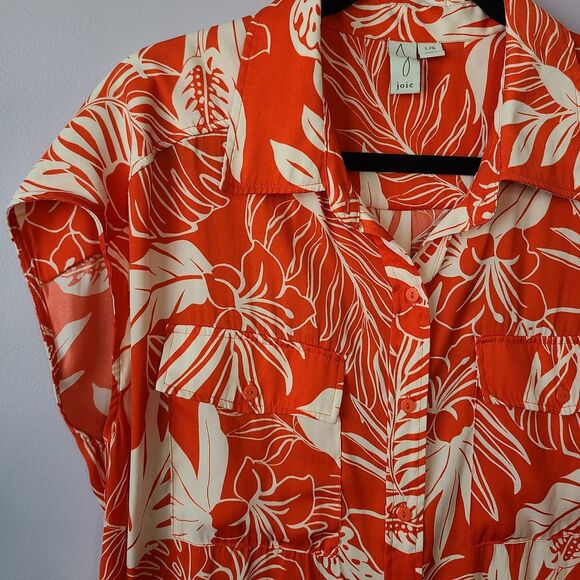 Joie Women's Orang & White Floral Print Button-Up Blouse Top Size L - Picture 2 of 10